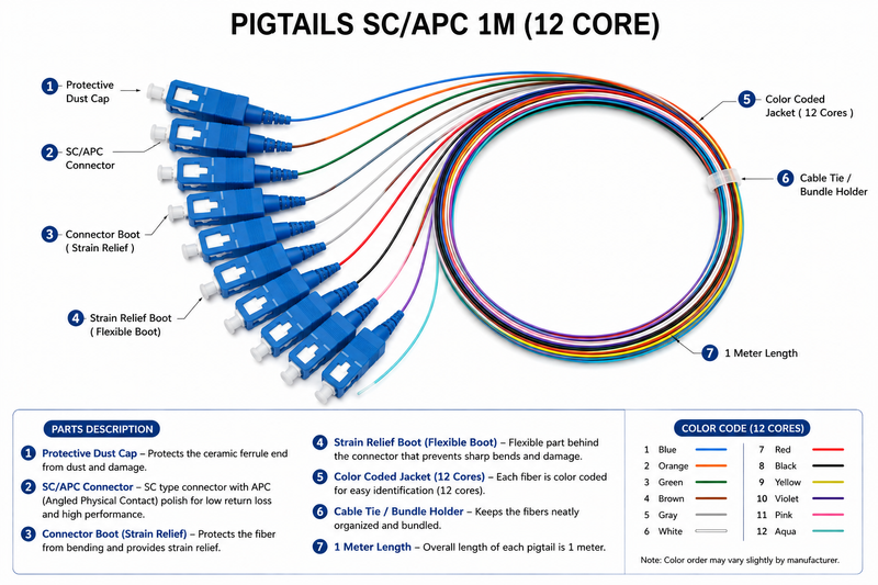 SC/APC Fibre Optic Pigtails 1M – 12 Core Single Mode Splice Pigtail Set