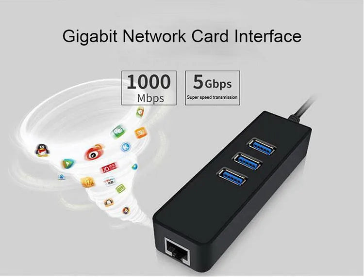 USB 3.0 Hub with Gigabit Ethernet – 3 USB Ports + 1 LAN Port