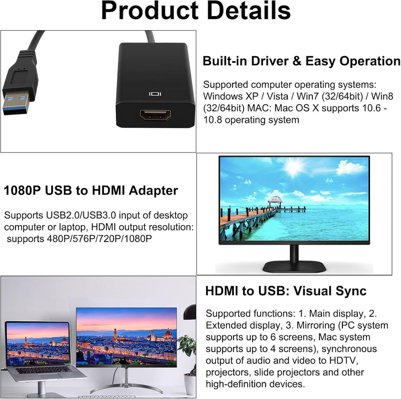 USB to HDMI Converter – USB HDMI Display Adapter for PC & Laptop