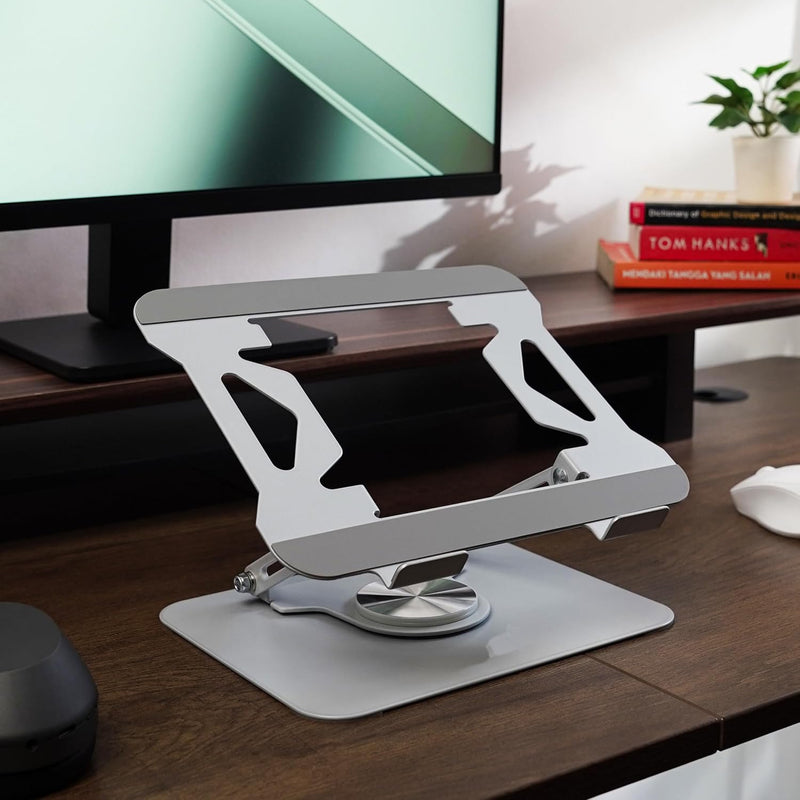 K-03 Adjustable aluminum laptop stand with a 360° rotating base (Silver)