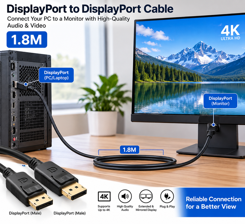 Display to Display Cable 1.8M – DP to DP Cable for Monitor & PC