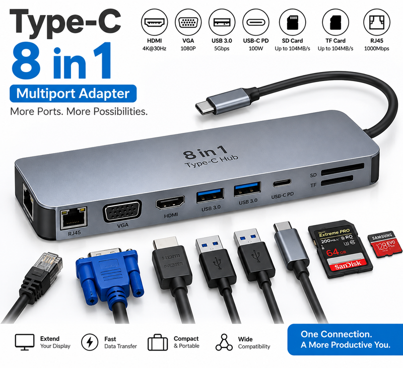 Type-C 8-in-1 Multiport Adapter with VGA – USB-C Hub for Laptop & MacBook