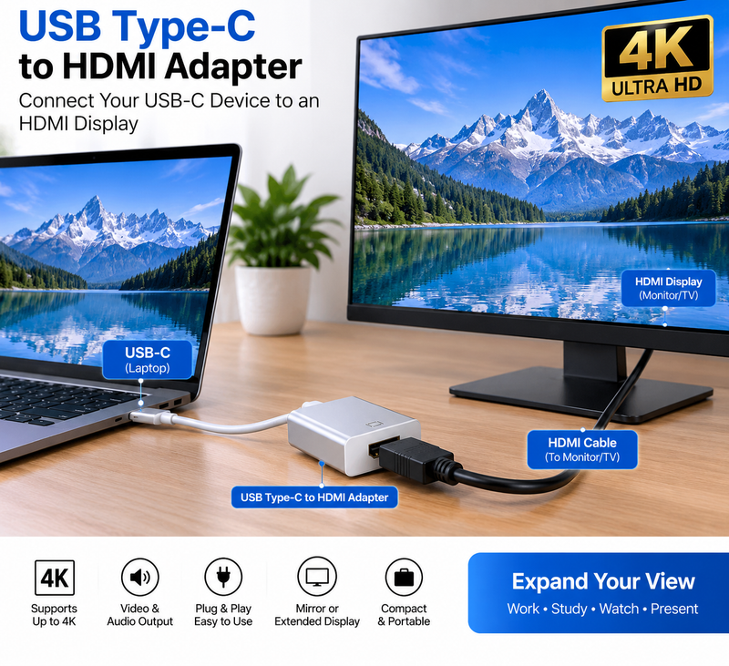 USB Type-C to HDMI Adapter – USB-C to HDMI Converter for Laptop & Monitor